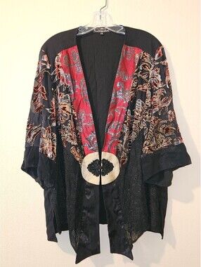 Violet Kay Velvet Silk Blend Cardigan Kimono Wrap Open Front Black Red 2X